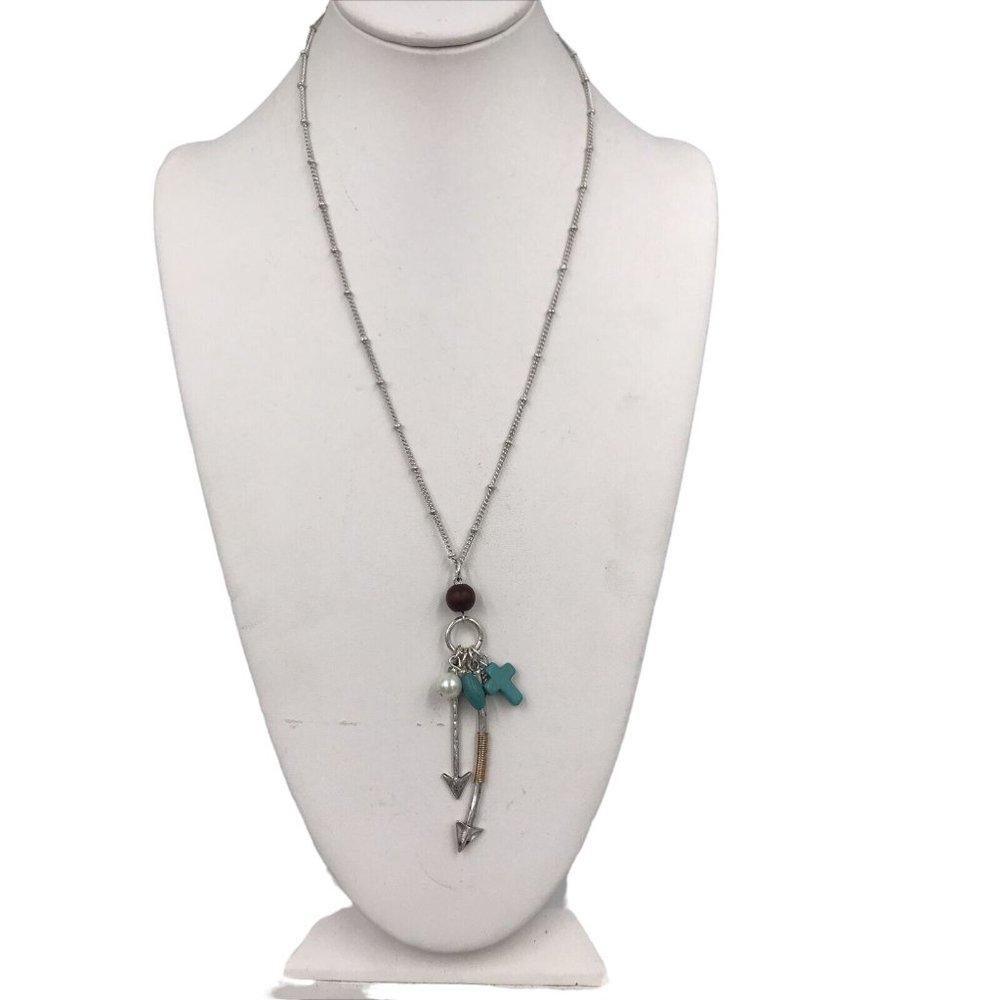 Turquoise Faux  Charms Silver Tone arrow‎ cross pearl 30" Necklace